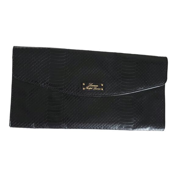 NEW Lauren Ralph Lauren Banbury Snake Envelope Clutch Black Evening - Picture 2 of 10